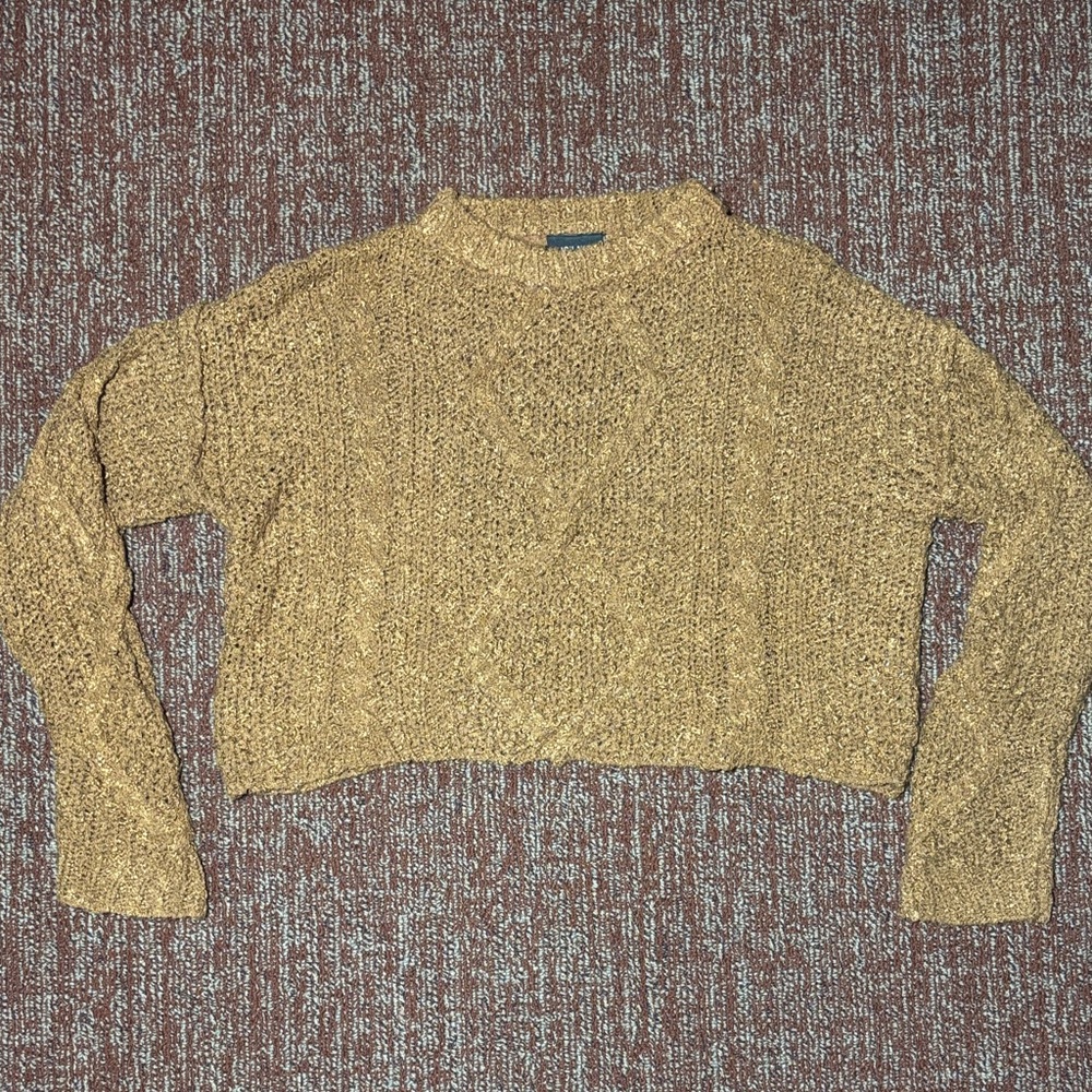 Miou Muse Cozy Sweater in Mustard Brown chunky cropped long sleeve boxy small